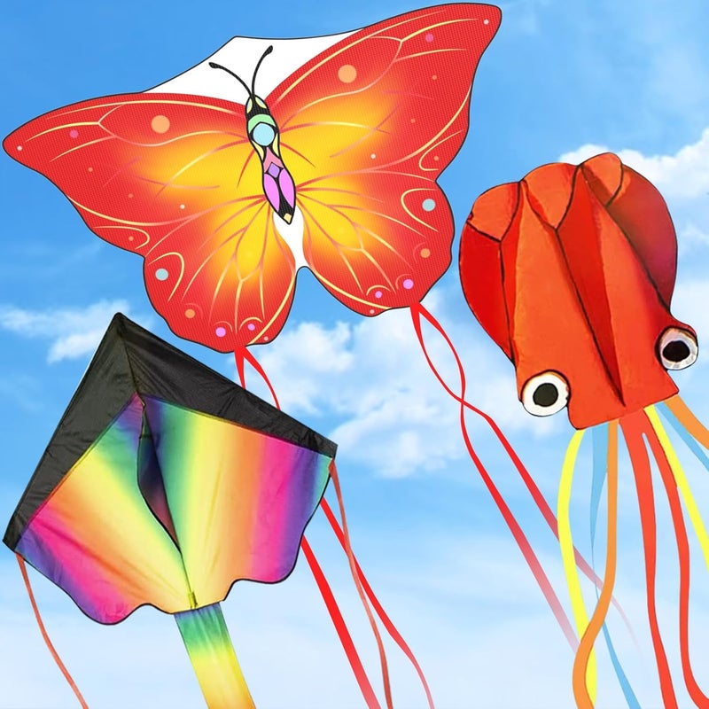 Crogift Store 3 Pack Large Kites, Large Butterfly Kite, Colorful Delta and Red Octopus for Girls Boys Ages 4-8, 8-12, Adults - Image 1